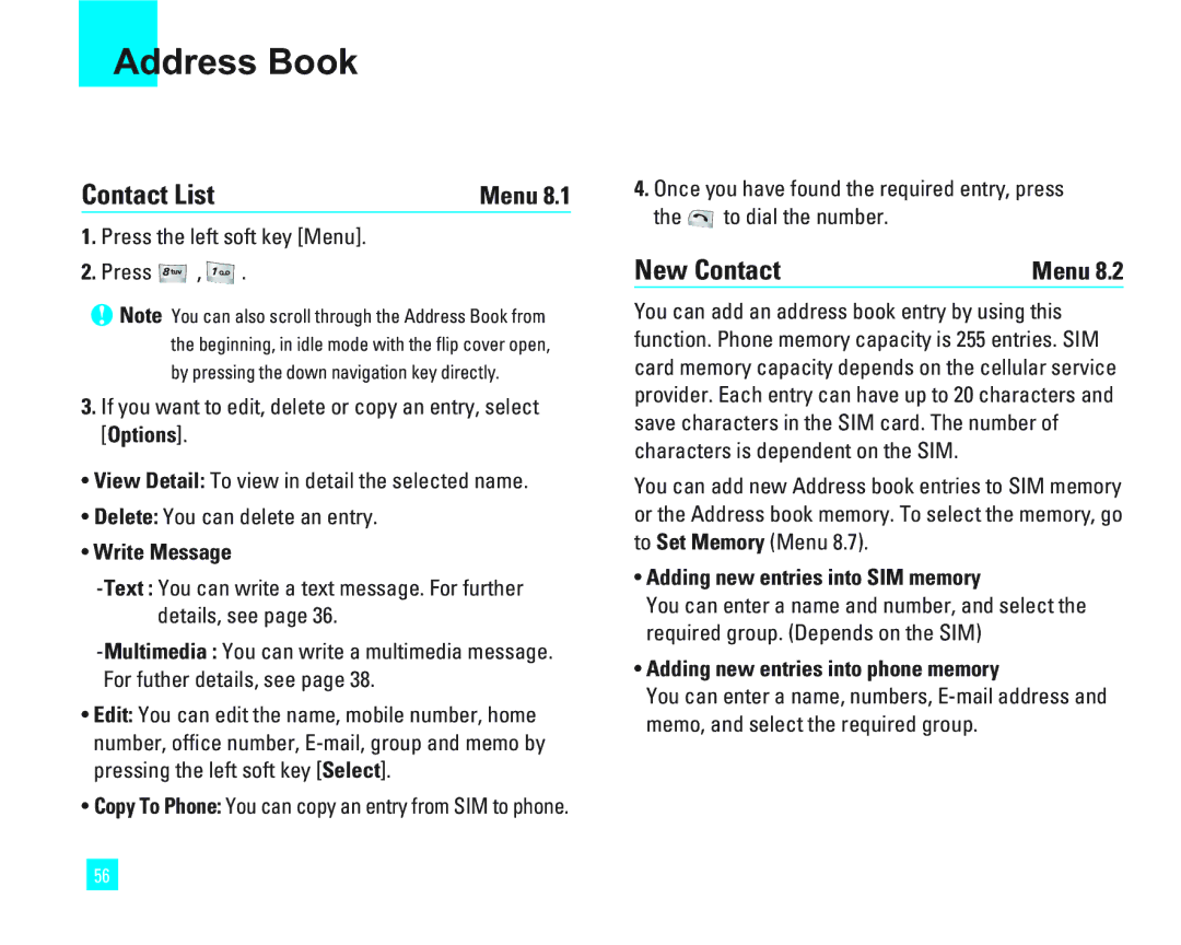 LG Electronics 1500 manual Contact List, New Contact, Write Message, Adding new entries into SIM memory 