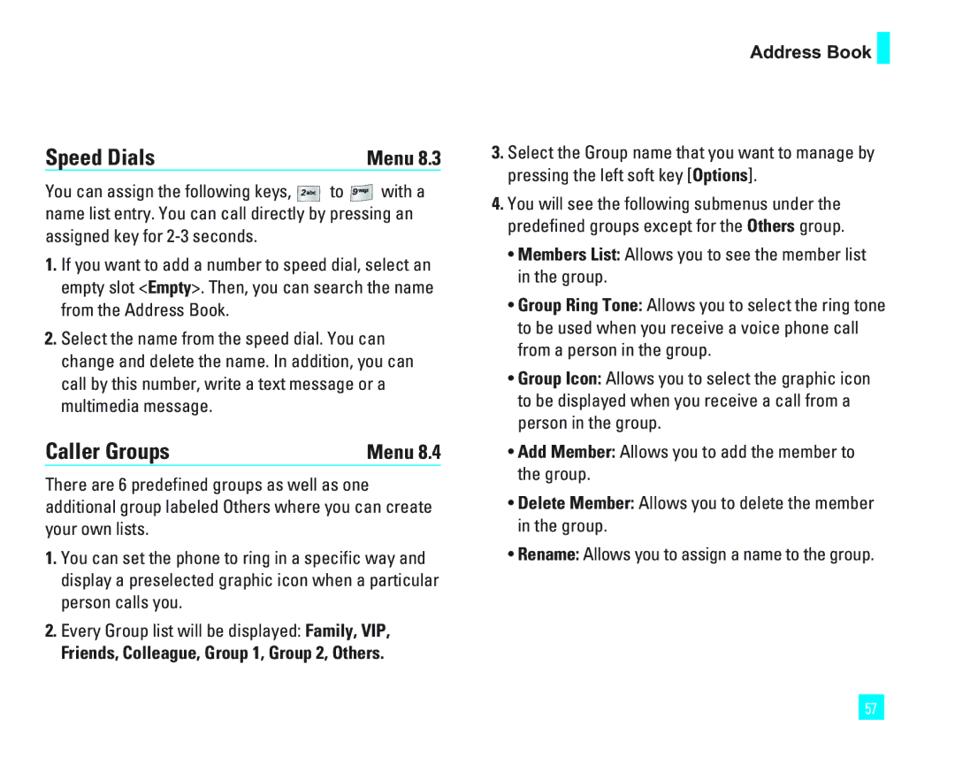 LG Electronics 1500 manual Speed Dials, Caller Groups, Friends, Colleague, Group 1, Group 2, Others Address Book 