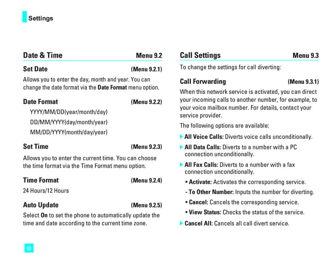 LG Electronics 1500 manual Date & Time, Call Settings 