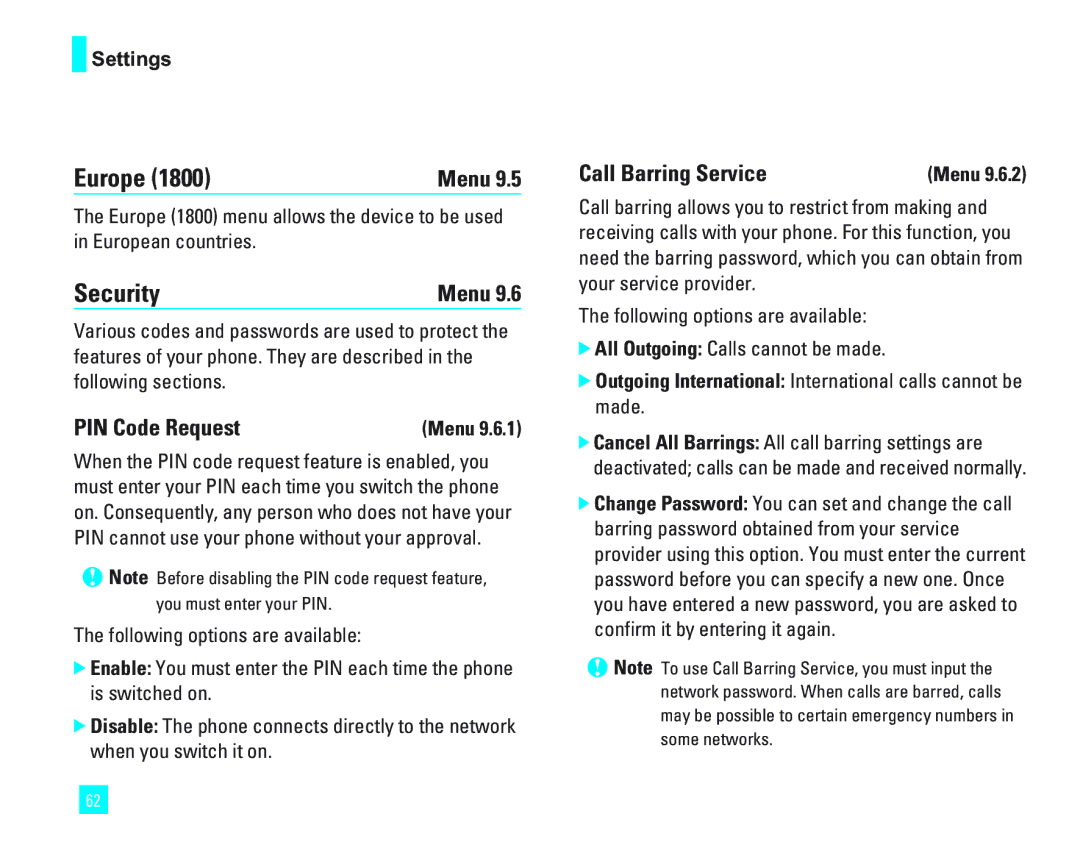 LG Electronics 1500 manual Europe, Security, PIN Code Request, Call Barring Service 