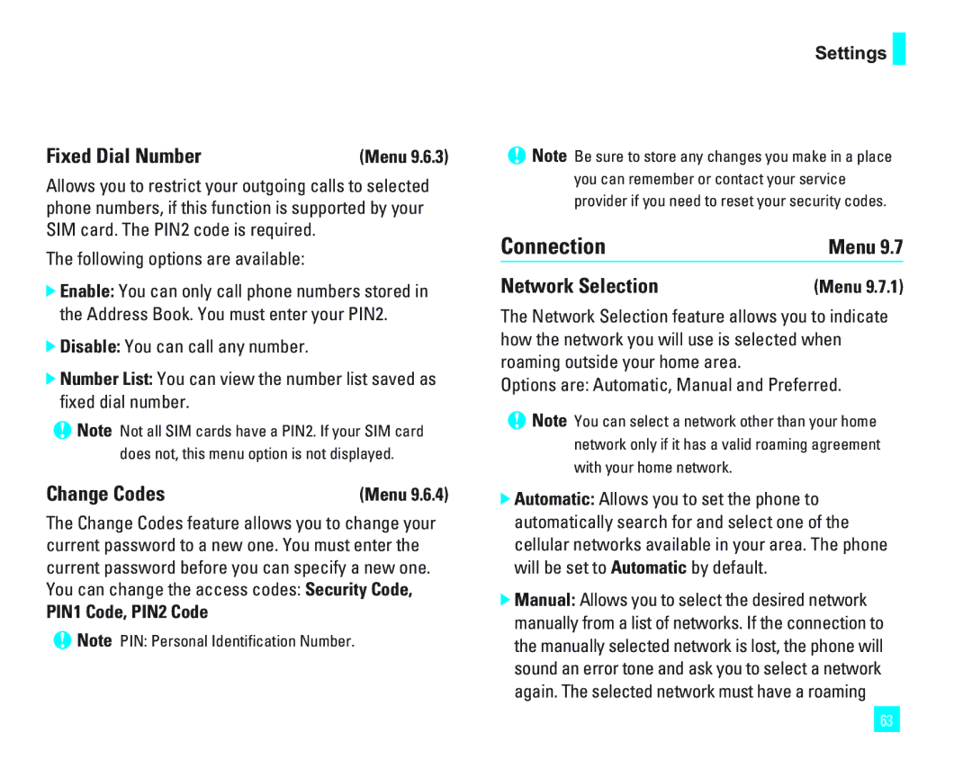 LG Electronics 1500 manual Connection, Fixed Dial Number, Change Codes, Network Selection, PIN1 Code, PIN2 Code Settings 