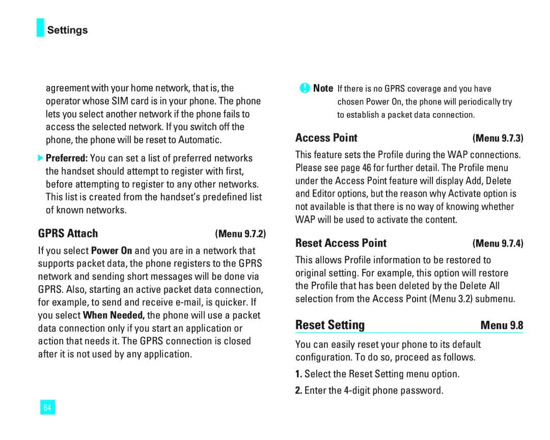 LG Electronics 1500 manual Reset Setting, Gprs Attach, Reset Access Point 