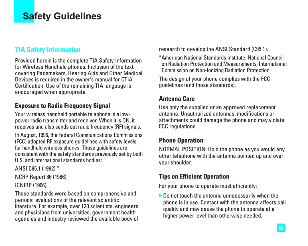 LG Electronics 1500 manual Safety Guidelines, Exposure to Radio Frequency Signal, Antenna Care, Phone Operation 