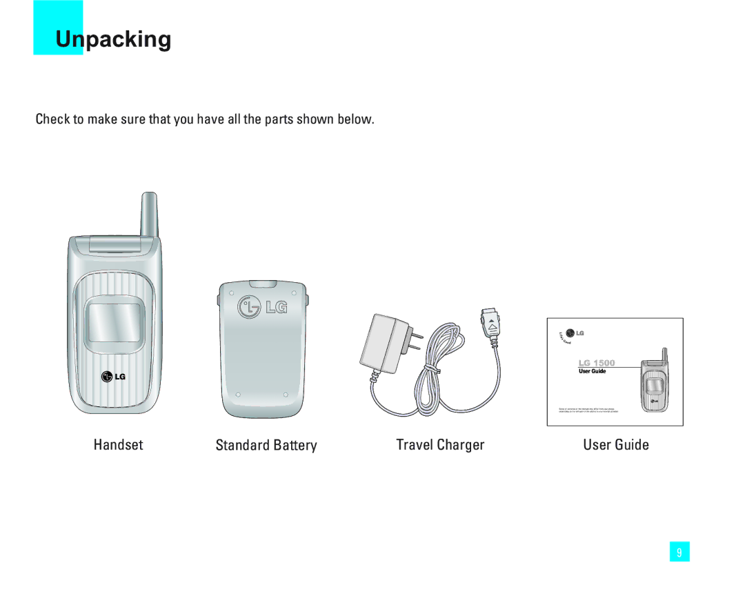 LG Electronics 1500 manual Unpacking, Check to make sure that you have all the parts shown below 