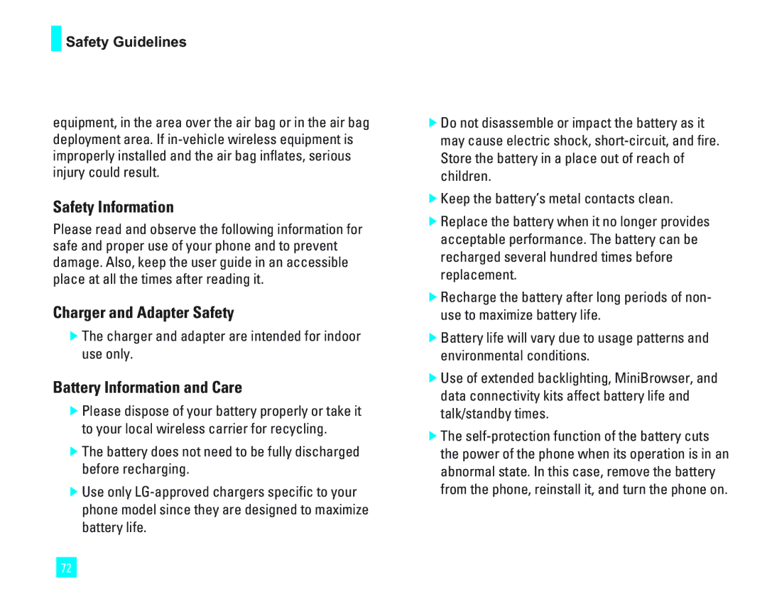 LG Electronics 1500 manual Charger and Adapter Safety, Battery Information and Care 