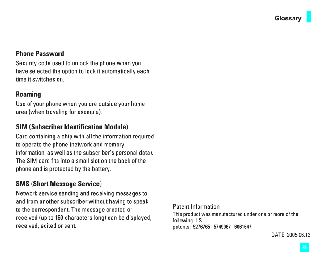 LG Electronics 1500 Phone Password, Roaming, SIM Subscriber Identification Module, SMS Short Message Service, Glossary 