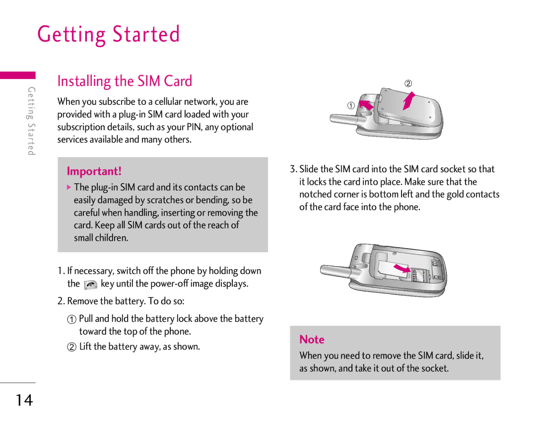 LG Electronics 1500 manual Getting Started, Installing the SIM Card, Services available and many others 