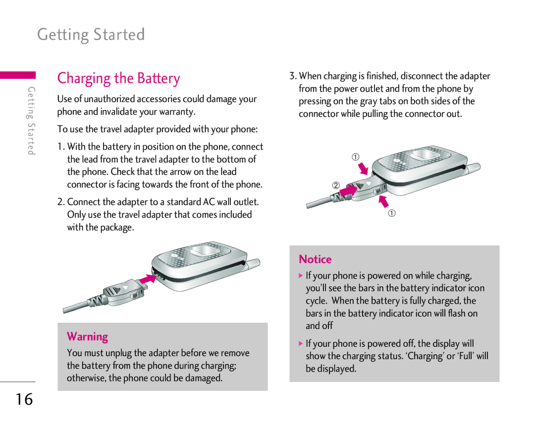 LG Electronics 1500 manual Getting Started, Charging the Battery, Phone and invalidate your warranty, With the package 