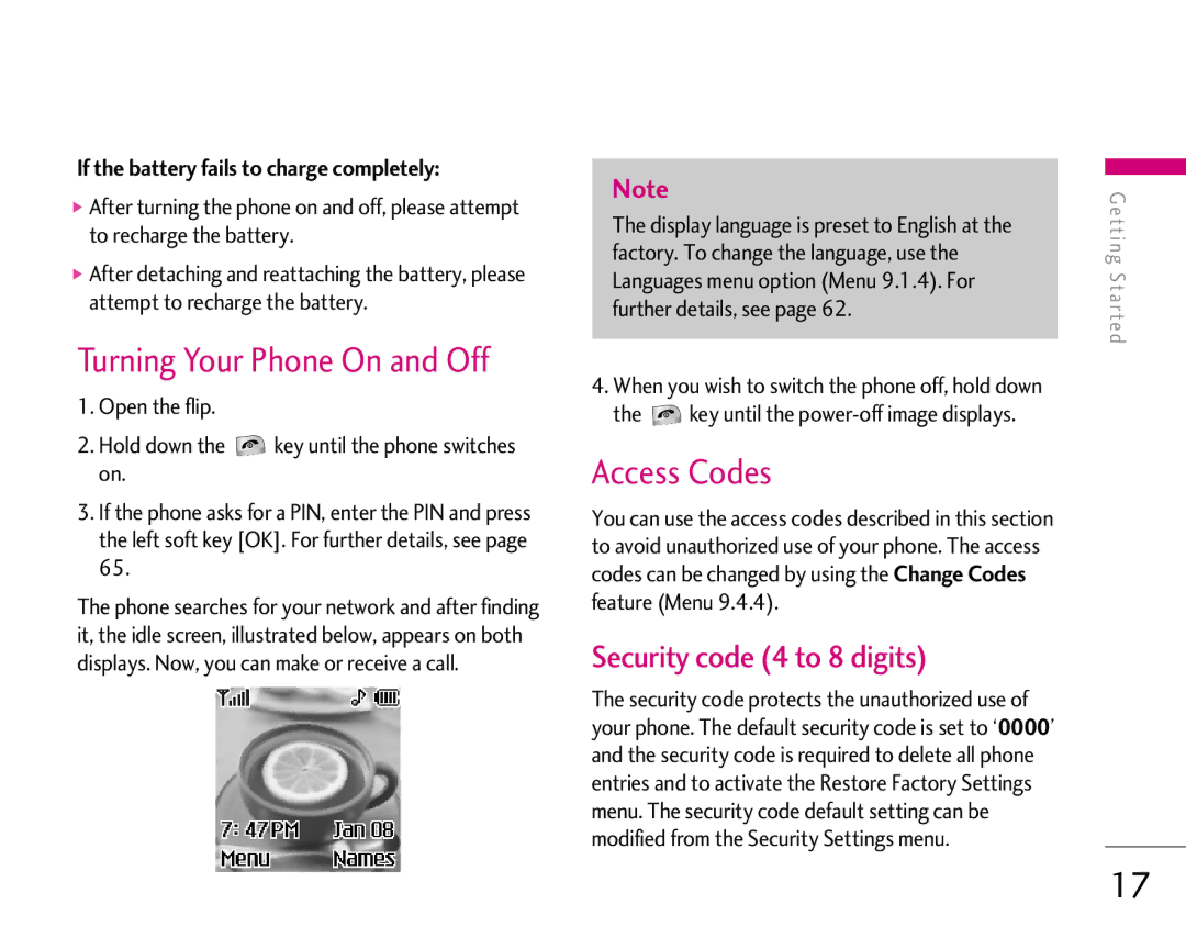 LG Electronics 1500 manual Turning Your Phone On and Off, Access Codes, Security code 4 to 8 digits 