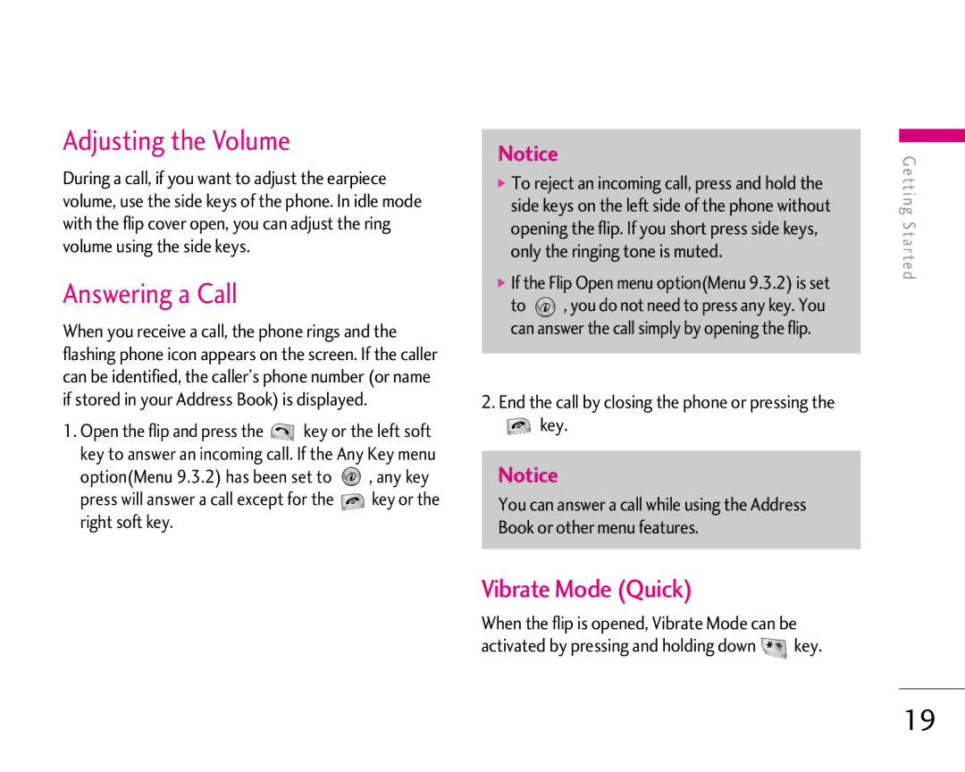 LG Electronics 1500 manual Adjusting the Volume, Answering a Call, Vibrate Mode Quick 