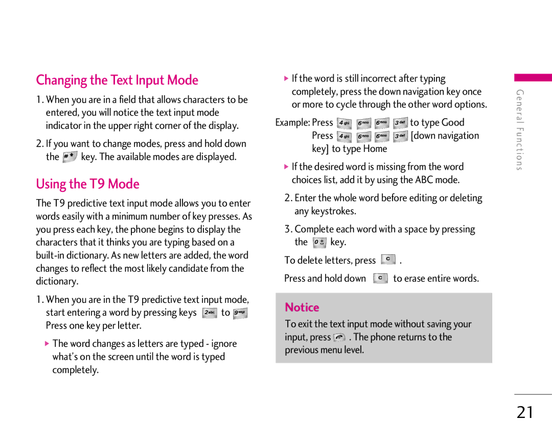 LG Electronics 1500 manual Changing the Text Input Mode, Using the T9 Mode, Key. The available modes are displayed 