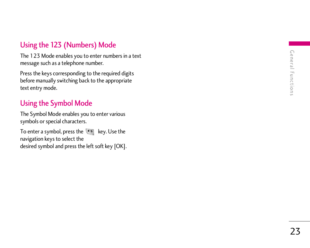 LG Electronics 1500 manual Using the 123 Numbers Mode, Using the Symbol Mode 