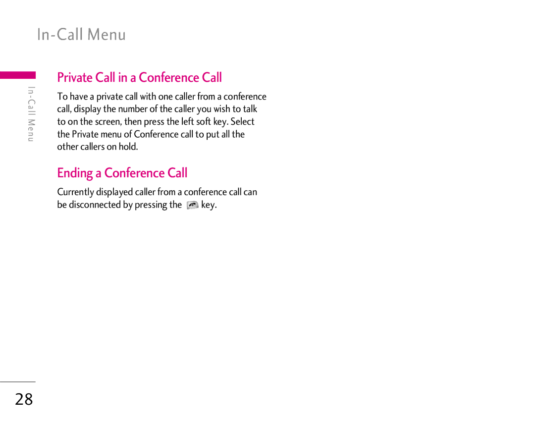 LG Electronics 1500 manual In-Call Menu, Private Call in a Conference Call, Ending a Conference Call 