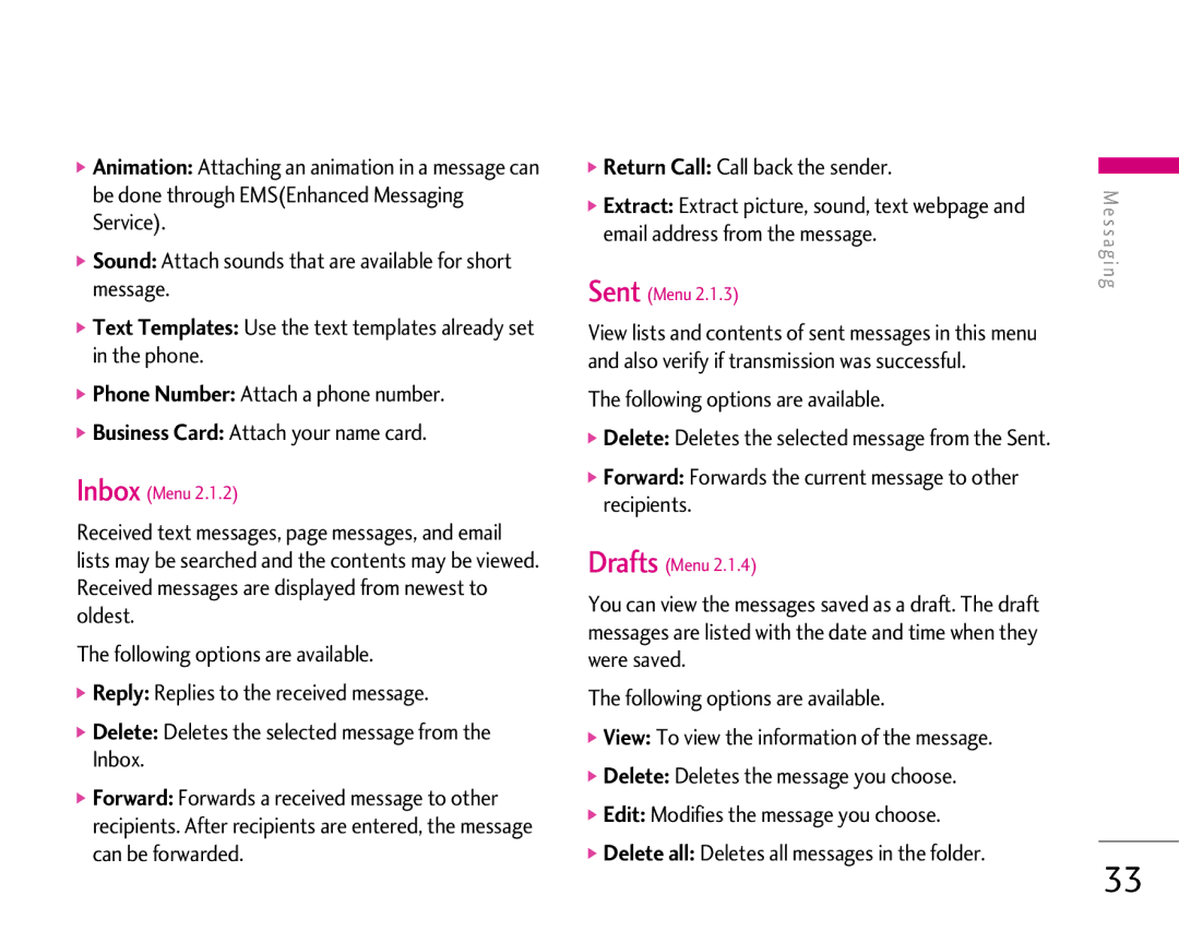 LG Electronics 1500 manual Forward Forwards the current message to other recipients, Sent Menu 