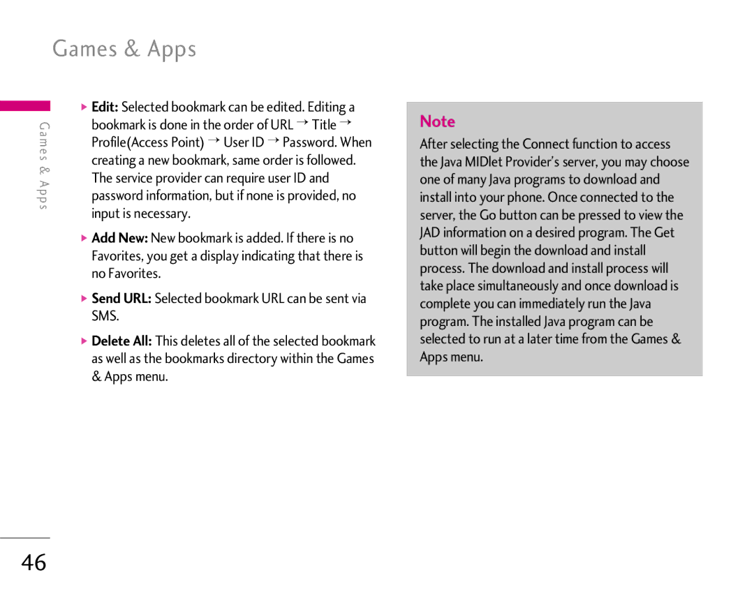 LG Electronics 1500 manual Games & Apps, Edit Selected bookmark can be edited. Editing a, Input is necessary, No Favorites 