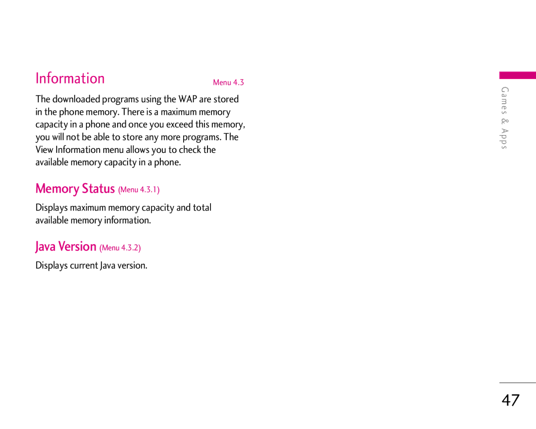 LG Electronics 1500 manual Information, Memory Status Menu, Java Version Menu, Displays current Java version 