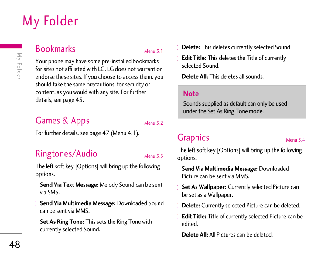 LG Electronics 1500 manual My Folder, Games & Apps, Ringtones/Audio, Graphics 