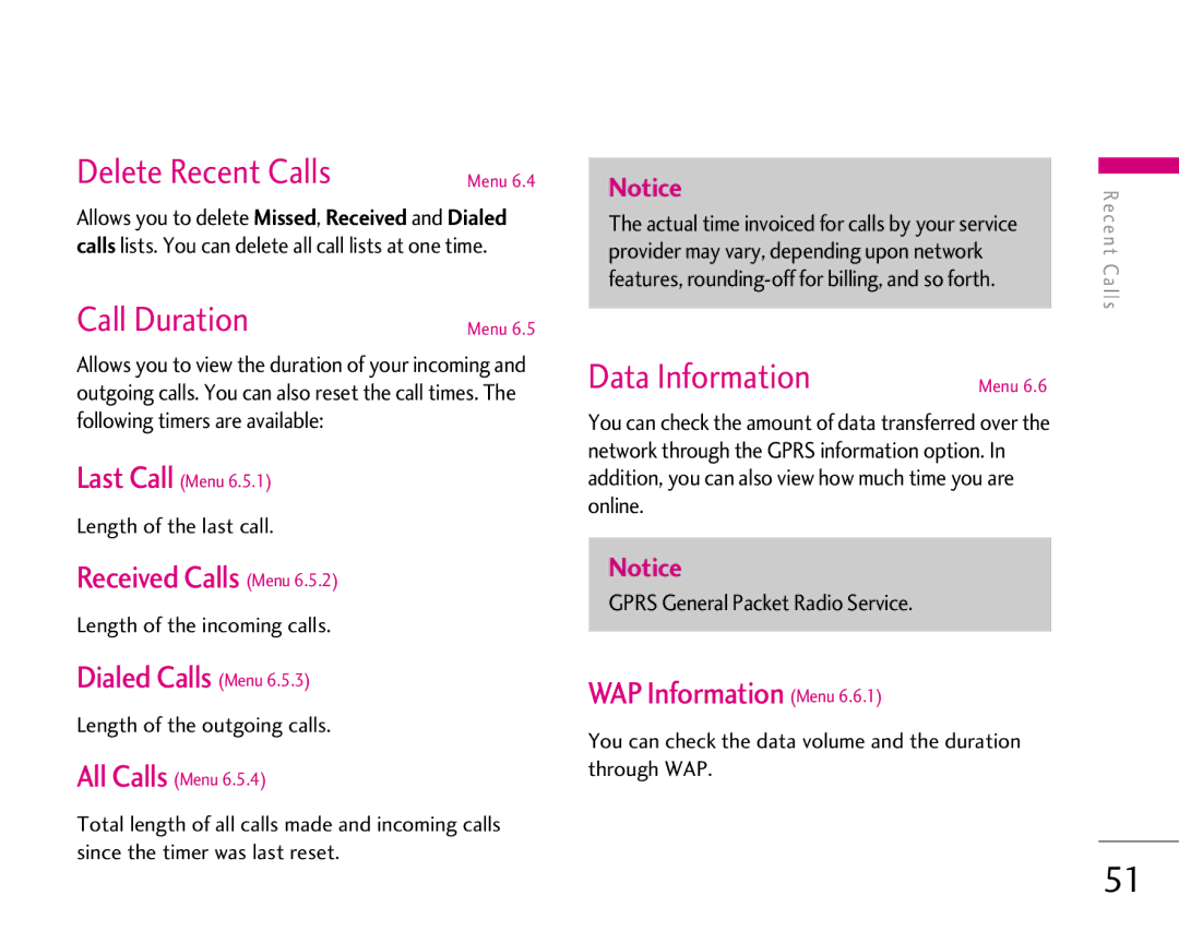 LG Electronics 1500 manual Delete Recent Calls, Call Duration, Data Information 