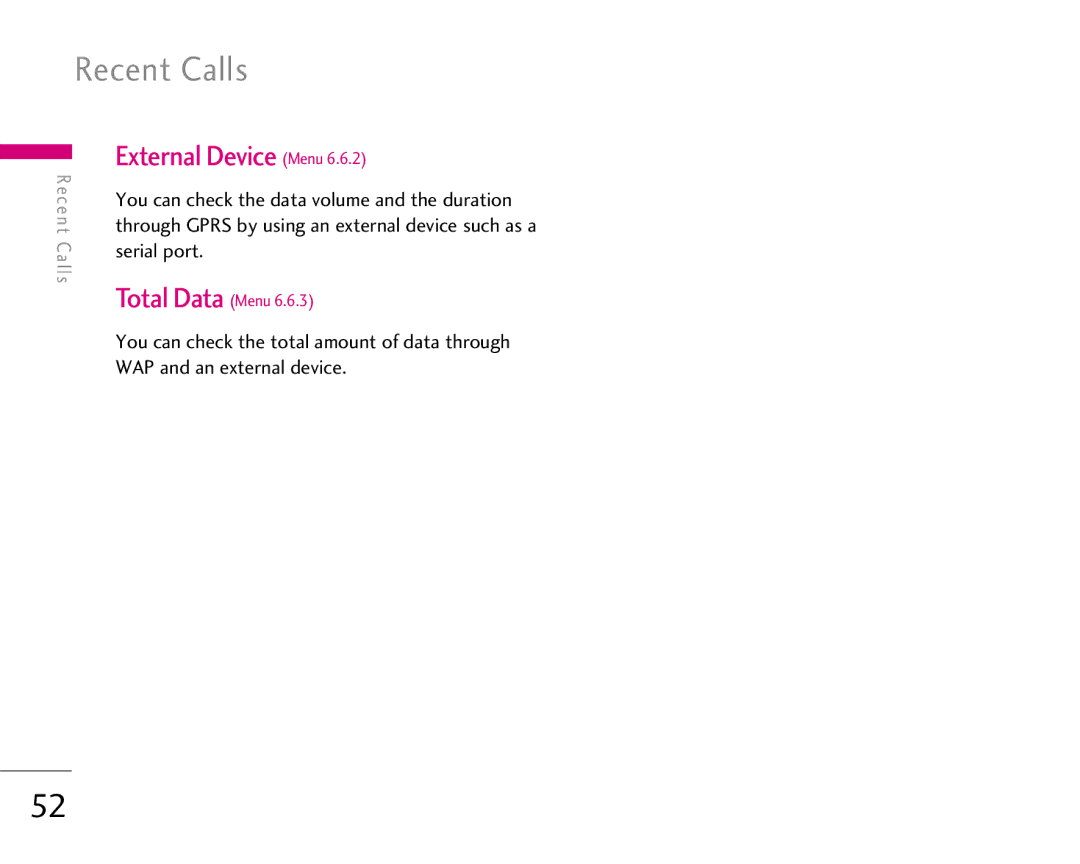 LG Electronics 1500 manual Recent Calls, External Device Menu 