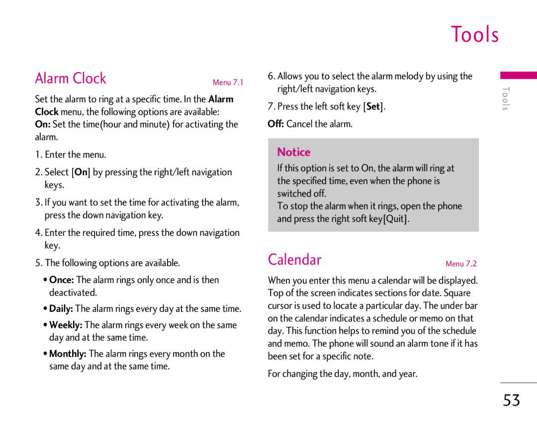 LG Electronics 1500 manual Alarm Clock, CalendarMenu, Right/left navigation keys Press the left soft key Set 