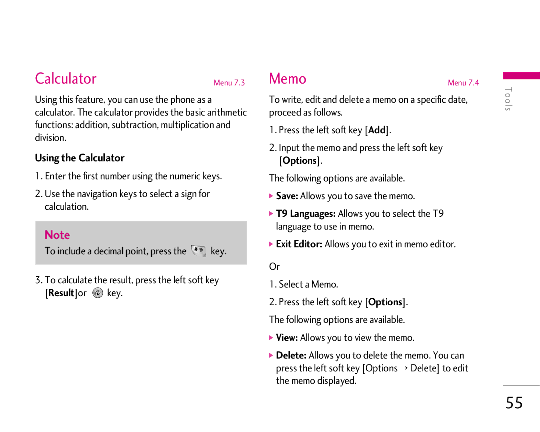 LG Electronics 1500 manual Calculator, Exit Editor Allows you to exit in memo editor Select a Memo 