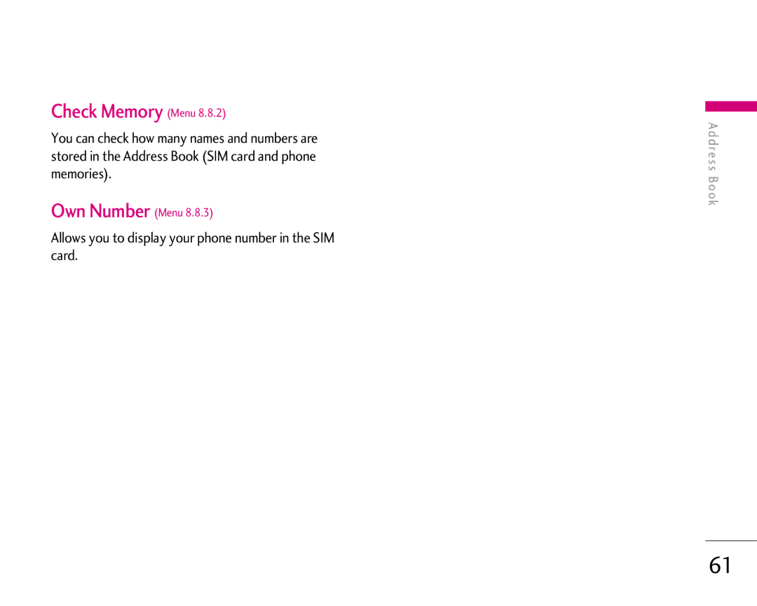LG Electronics 1500 manual Check Memory Menu, Allows you to display your phone number in the SIM card 