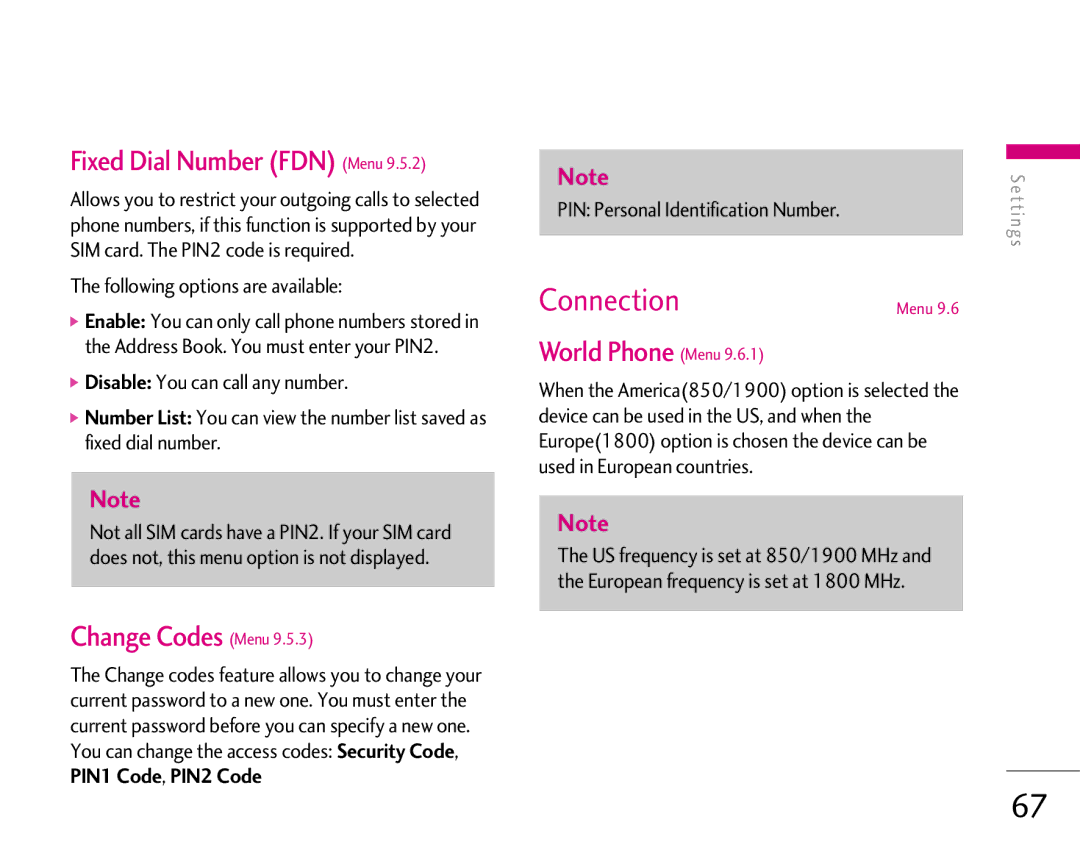 LG Electronics 1500 manual Connection, Fixed Dial Number FDN Menu, Change Codes Menu, World Phone Menu 