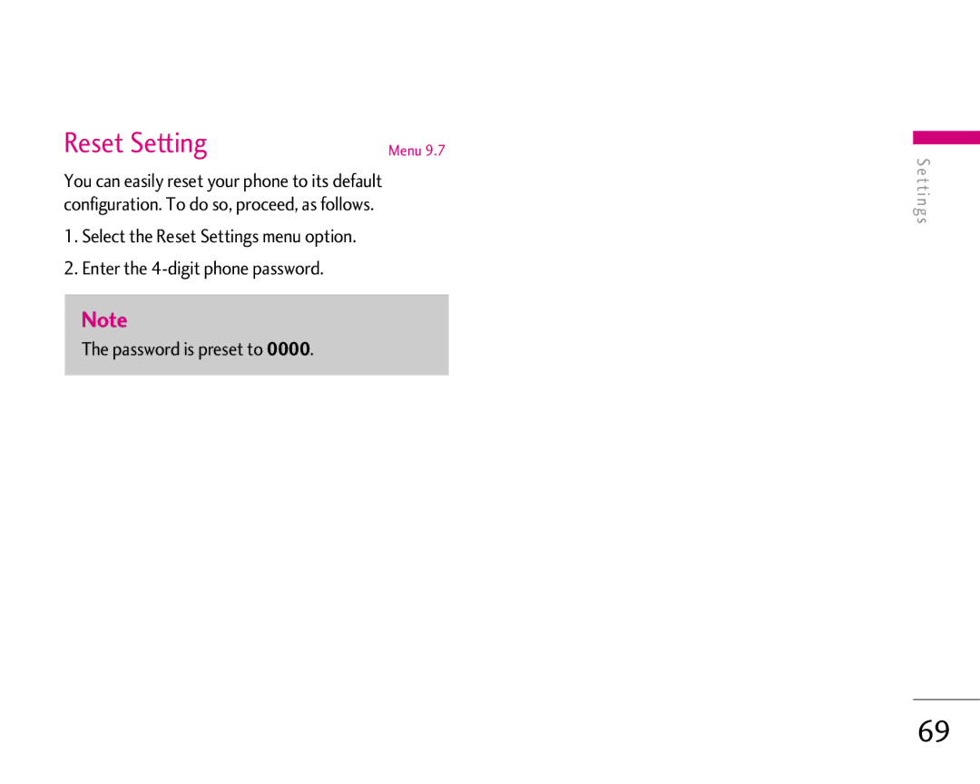 LG Electronics 1500 manual Reset Setting 