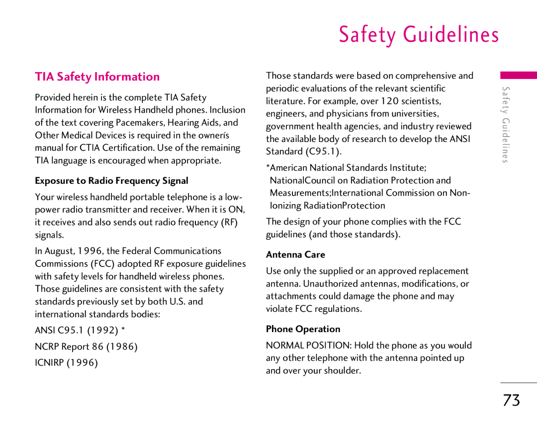 LG Electronics 1500 manual Safety Guidelines, Exposure to Radio Frequency Signal, Antenna Care, Phone Operation 