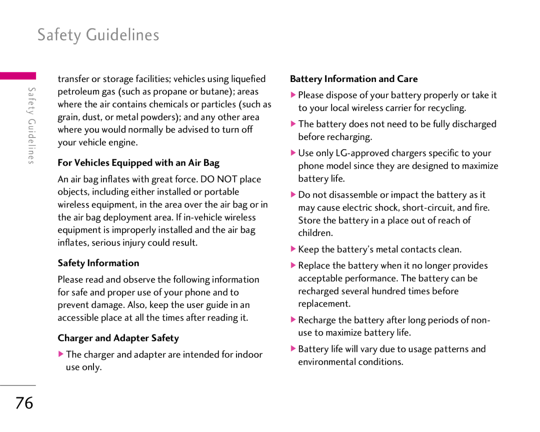 LG Electronics 1500 manual For Vehicles Equipped with an Air Bag, Safety Information, Charger and Adapter Safety 