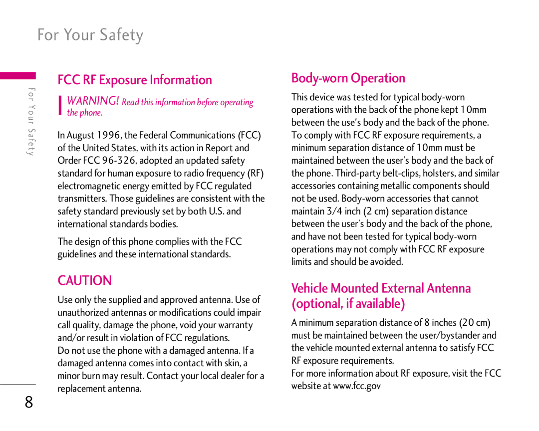 LG Electronics 1500 manual For Your Safety, FCC RF Exposure Information, Body-worn Operation 