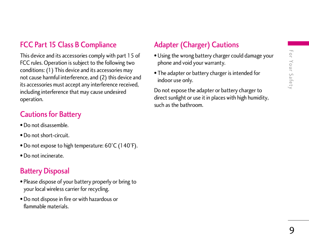 LG Electronics 1500 manual FCC Part 15 Class B Compliance, Battery Disposal, Adapter Charger Cautions 