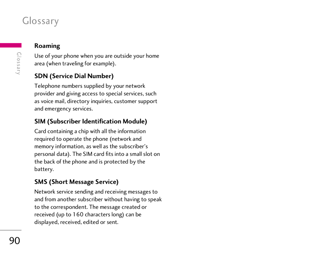 LG Electronics 1500 manual Glossary, SDN Service Dial Number 