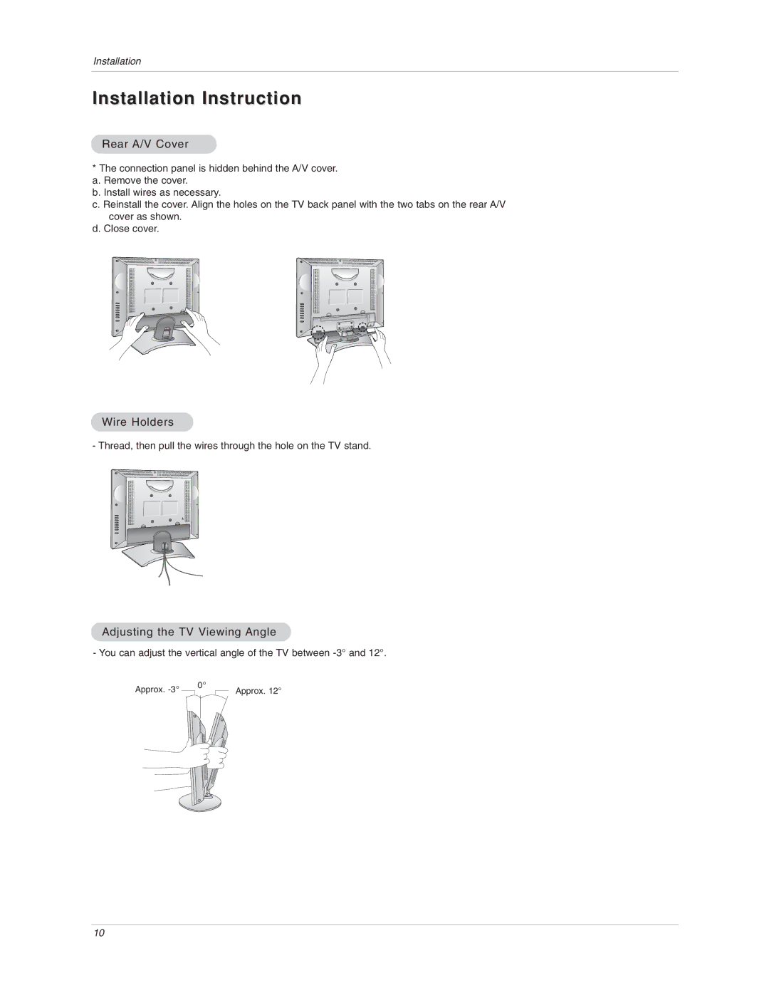 LG Electronics 15LA6R owner manual Rear A/V Cover, Wire Holders, Adjusting the TV Viewing Angle 