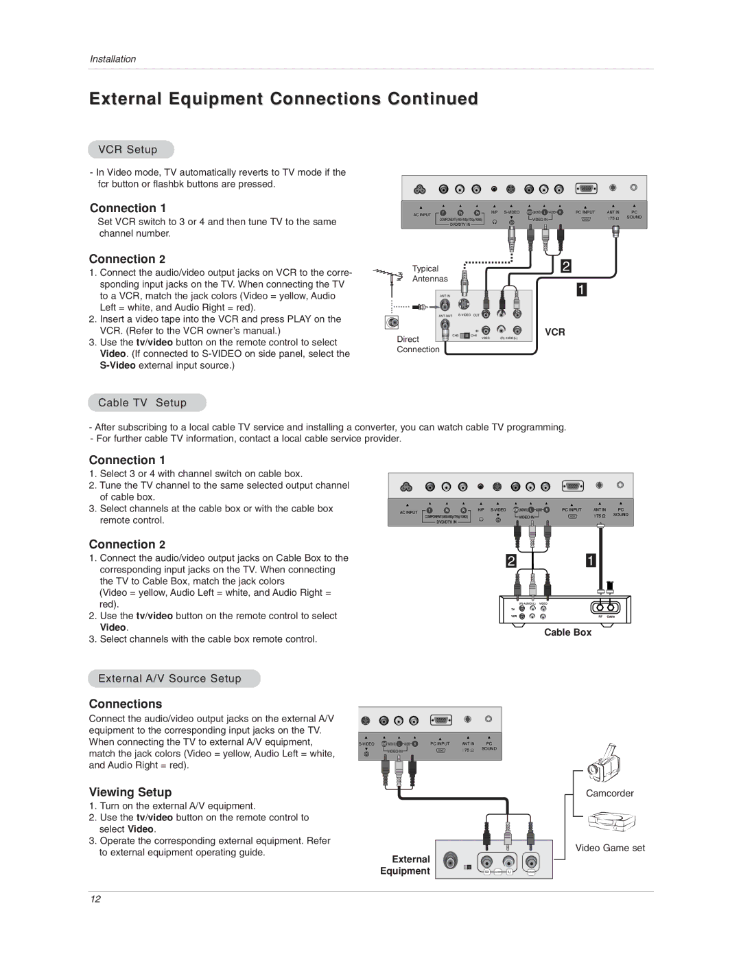 LG Electronics 15LA6R owner manual VCR Setup, Cable TV Setup, External A/V Source Setup, Cable Box 