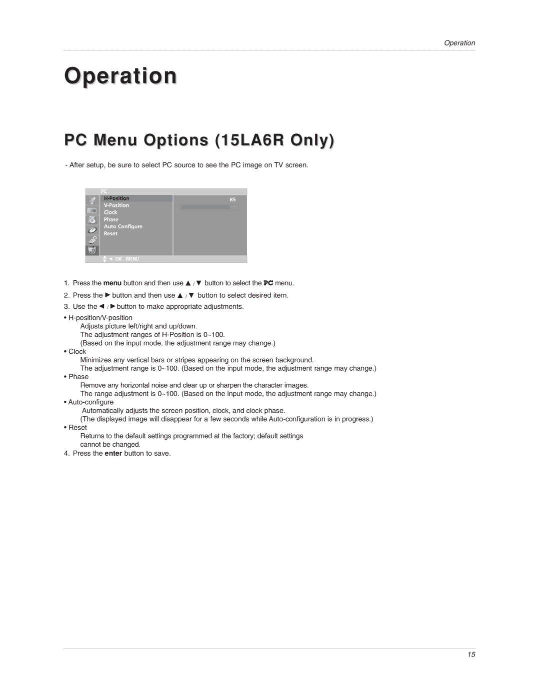 LG Electronics owner manual Operation, PC Menu Options 15LA6R Only 