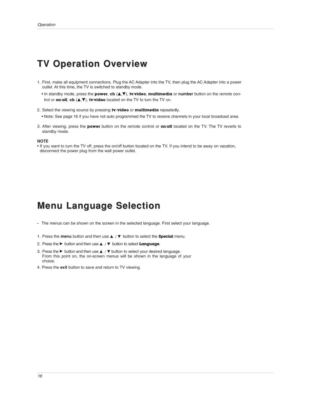 LG Electronics 15LA6R owner manual TV Operation Overview, Menu Language Selection 