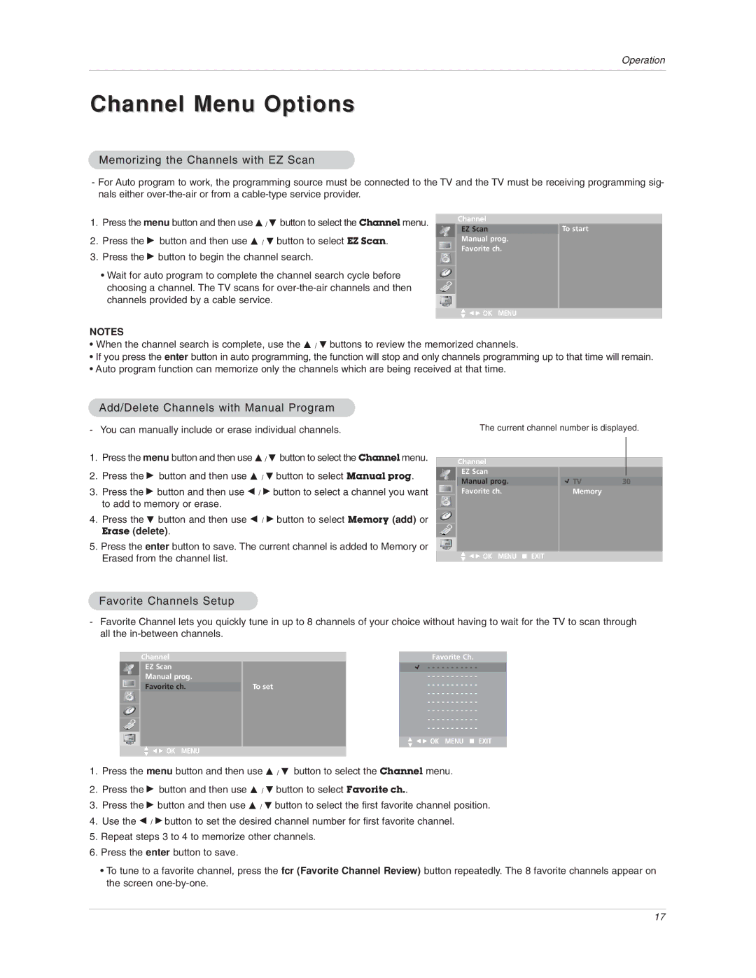 LG Electronics 15LA6R Channel Menu Options, Memorizing the Channels with EZ Scan, Add/Delete Channels with Manual Program 