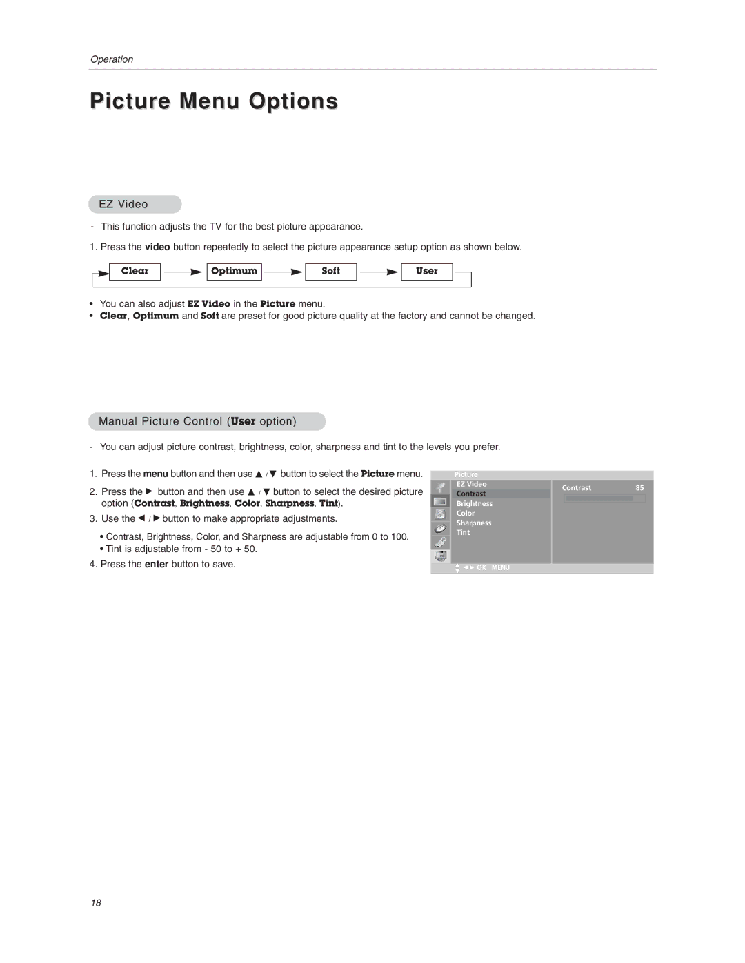 LG Electronics 15LA6R owner manual Picture Menu Options, EZ Video, Manual Picture Control User option 