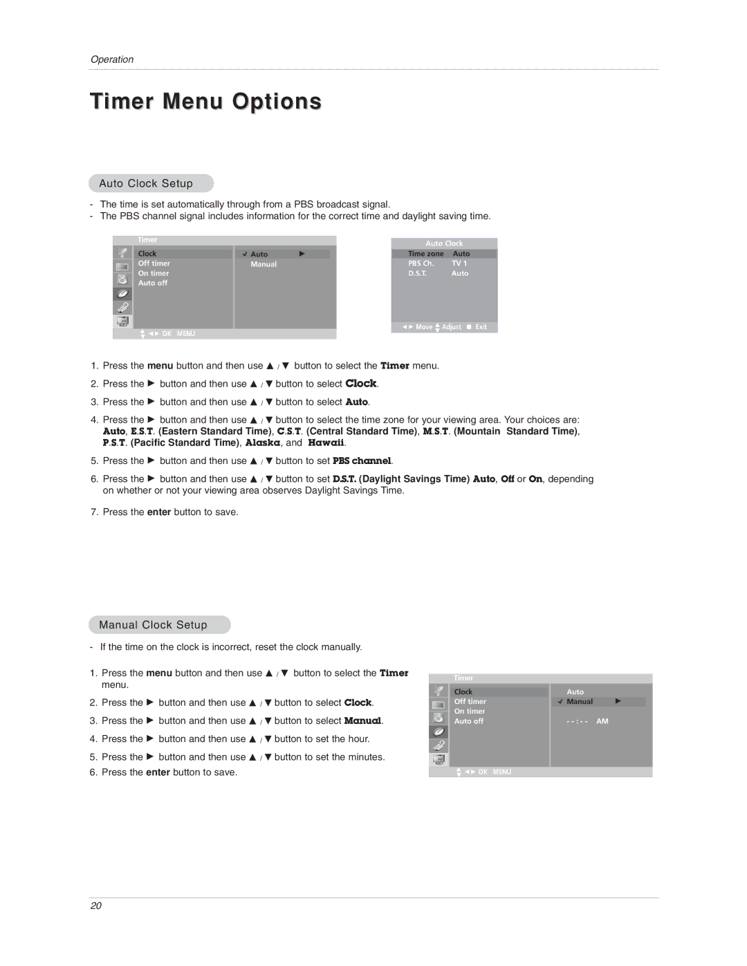 LG Electronics 15LA6R owner manual Timer Menu Options, Auto Clock Setup, Manual Clock Setup 