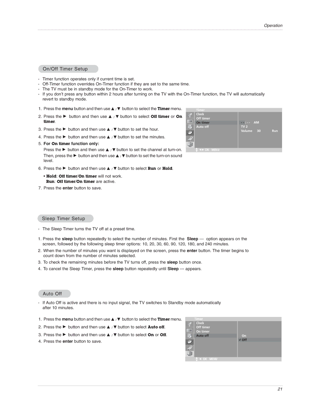 LG Electronics 15LA6R owner manual On/Off Timer Setup, Sleep Timer Setup, Auto Off, For On timer function only 