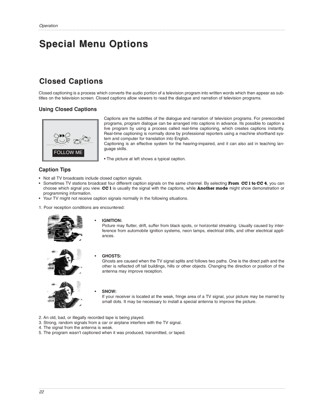 LG Electronics 15LA6R owner manual Special Menu Options, Closed Captions 