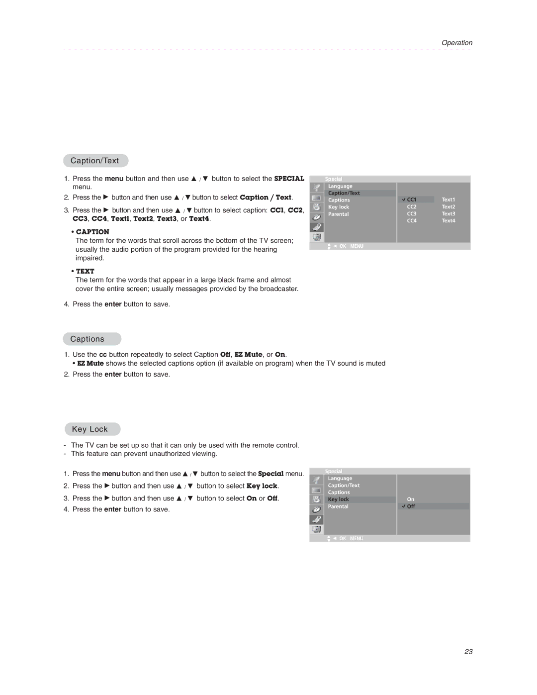 LG Electronics 15LA6R owner manual Caption/Text, Captions, Key Lock 