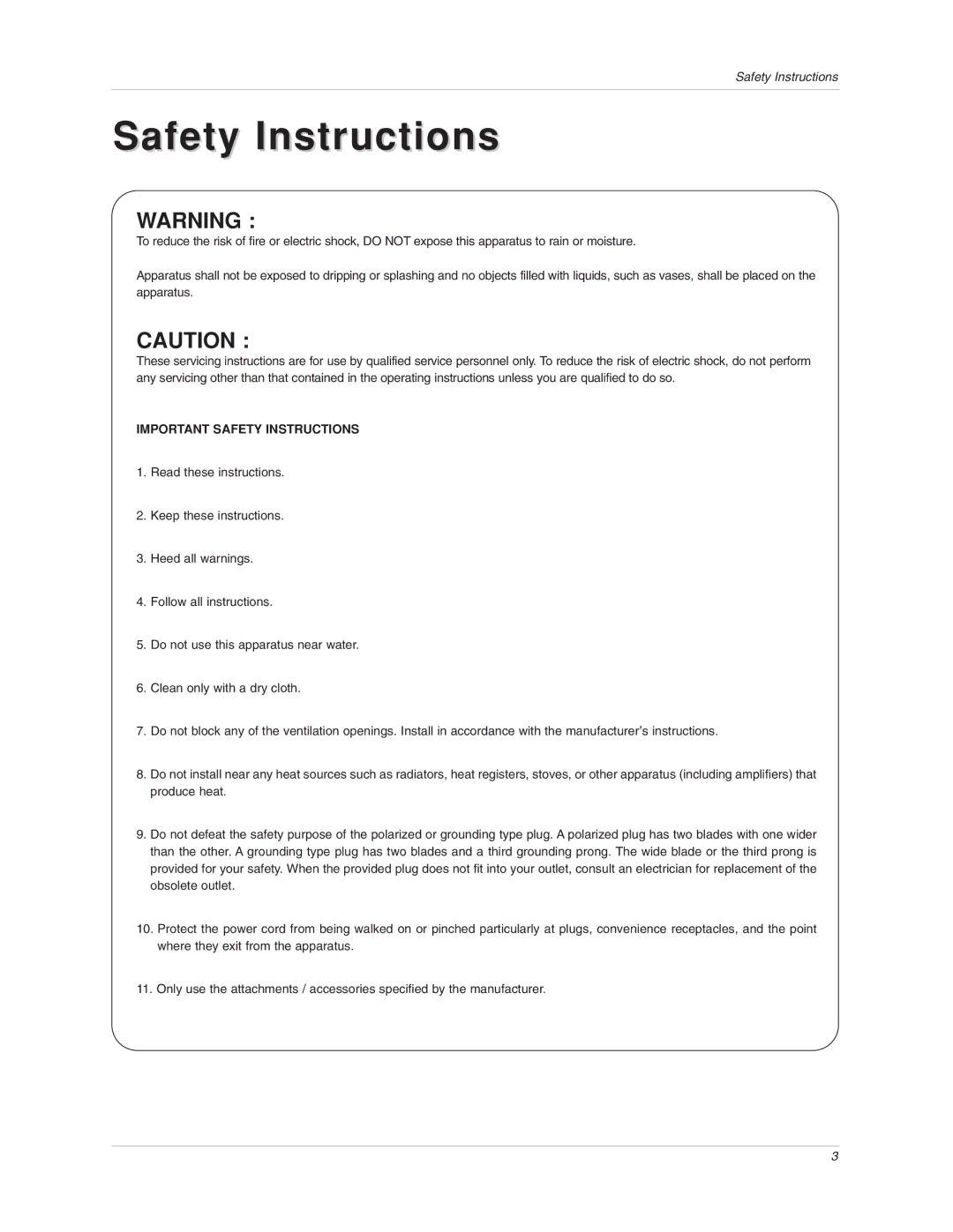 LG Electronics 15LA6R owner manual Safety Instructions 