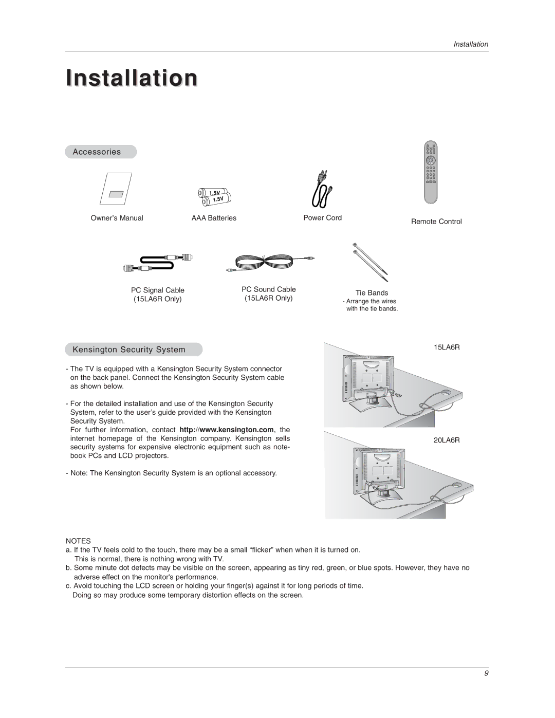 LG Electronics 15LA6R owner manual Accessories, Kensington Security System 