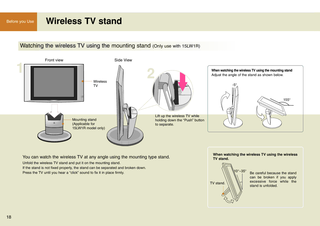 LG Electronics 15LW1R Wireless TV stand, Front view Side View, When watching the wireless TV using the mounting stand 