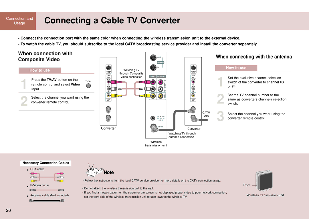 LG Electronics 15LW1RA manual Connecting a Cable TV Converter, When connecting with the antenna 