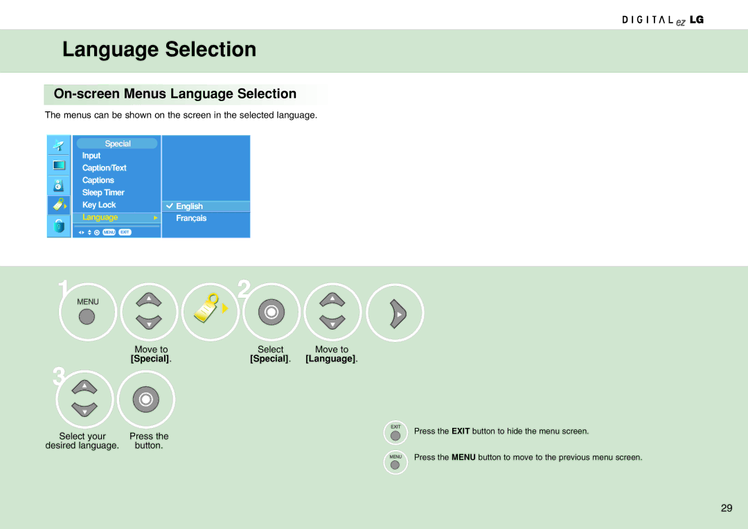 LG Electronics 15LW1RA manual On-screen Menus Language Selection, Special Language 