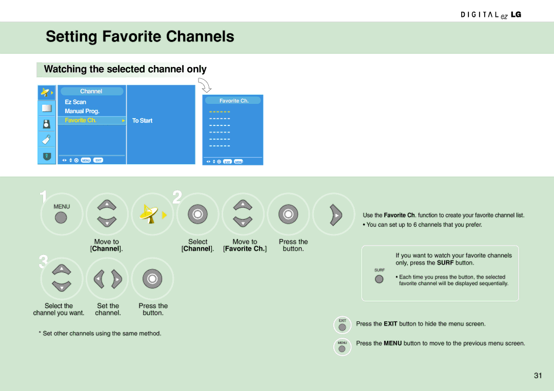 LG Electronics 15LW1RA manual Setting Favorite Channels, Watching the selected channel only, Channel Favorite Ch 