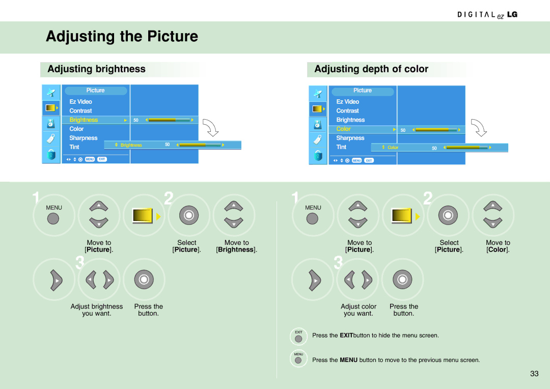 LG Electronics 15LW1RA manual Adjusting the Picture, Adjusting brightness, Adjusting depth of color, Picture Brightness 